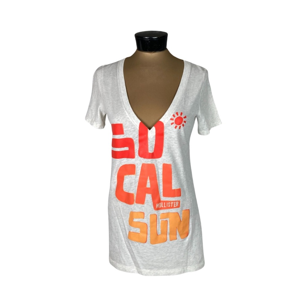 Hollister Womens Short Sleeve V-neck Graphic Tee Size M Light Heathered Gray